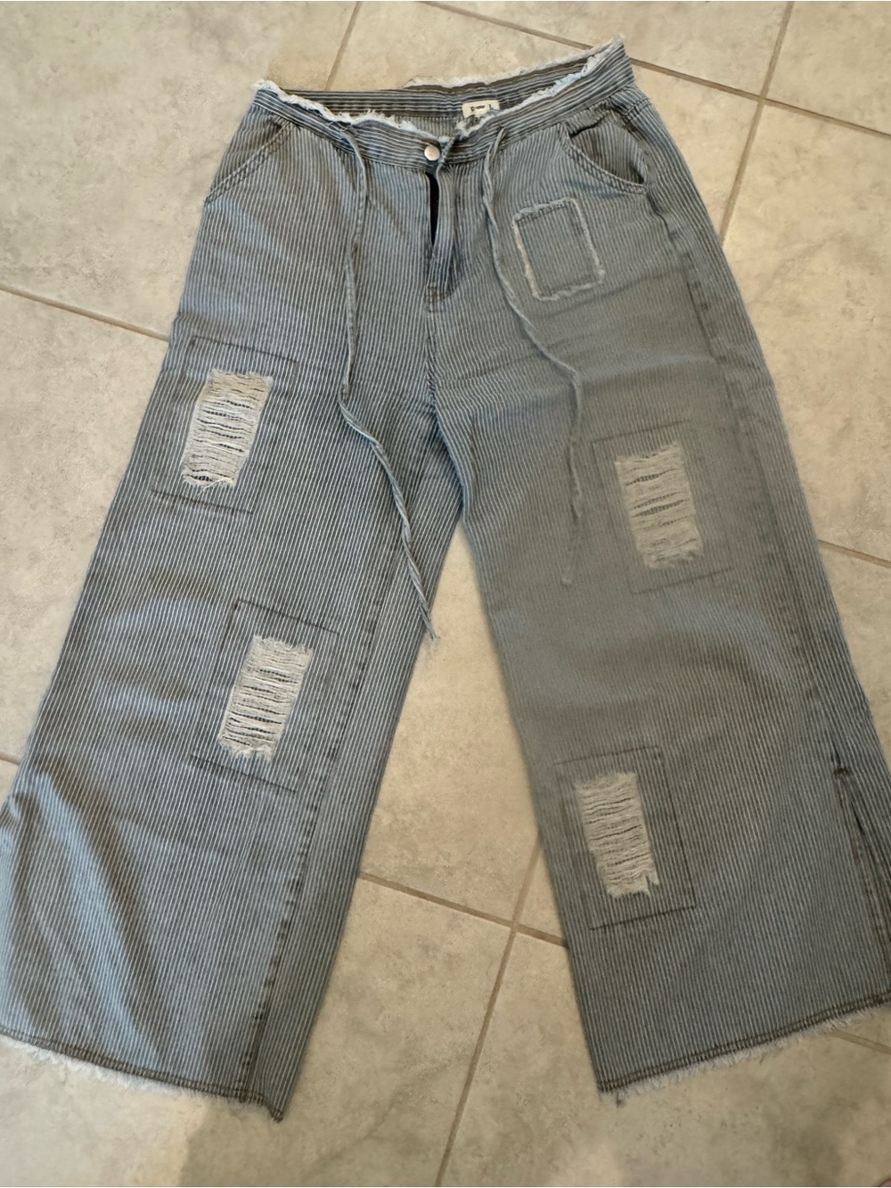POL Wide Leg Distressed Pinstripe Jeans - Blue & White
